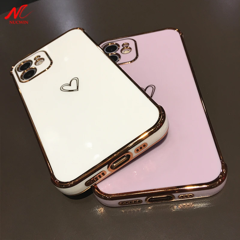 Cute Love Heart Gold Plating Soft TPU Cover for iPhone 11 12 13 Pro Max
