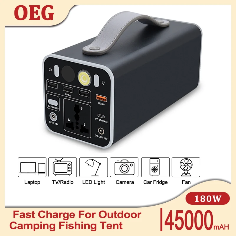 

Outdoor Camping Portable Power Station 180W 45000mAh Solar Battery 220V Emergency Lighting Travel Fishing Power Supply Generator
