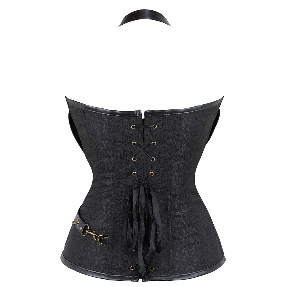 Women Halterneck Corset Gothic Black Brown Lingerie Steampunk Front Zipper Corselet