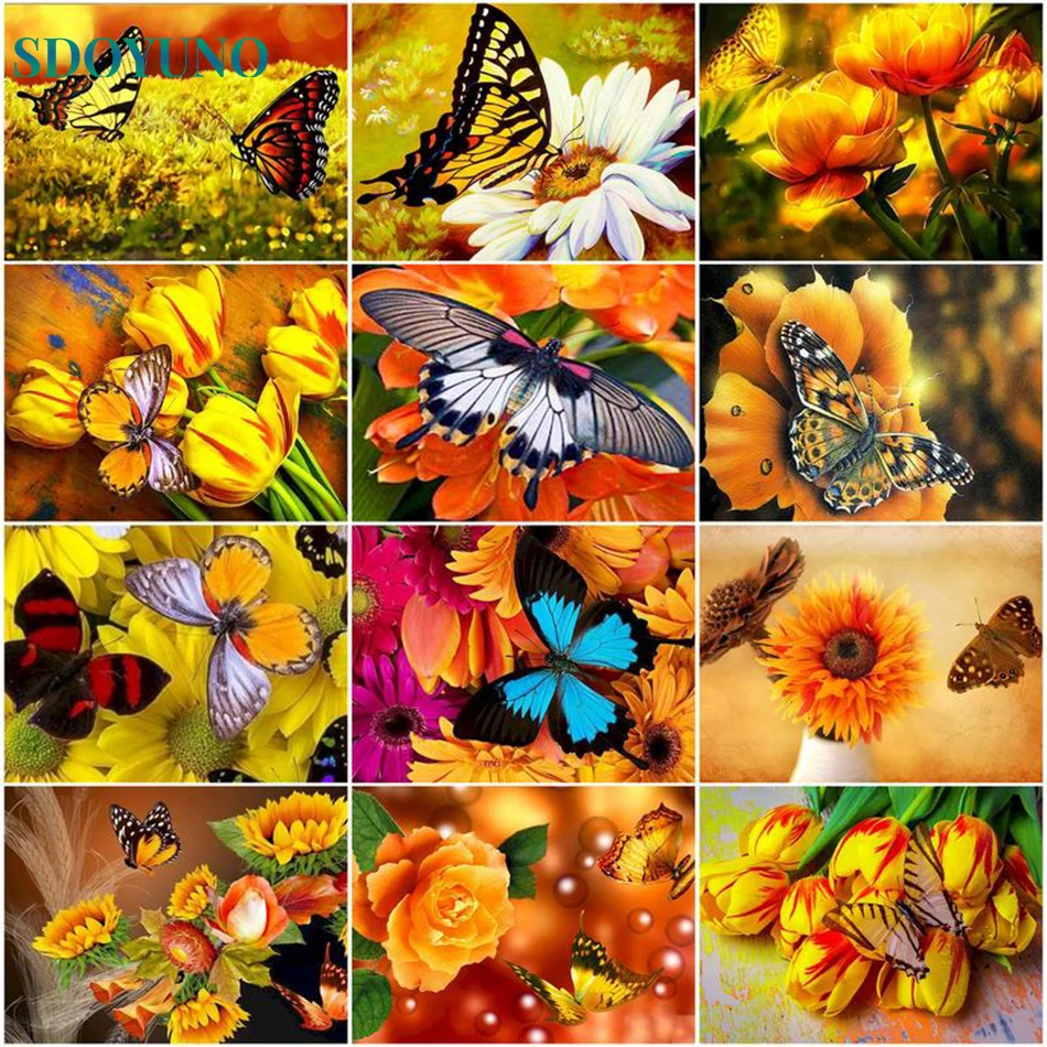 

SDOYUNO Picture By Numbers Colorful Butterfly Landscape Paint Canvas Picture Oil Painting By Number DIY Handpainted Home Decor