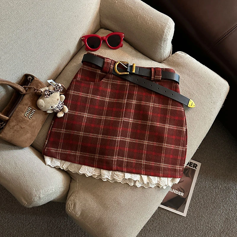 Lace Patchwork Plaid Mini Skirts Women Fall Winter High Waist No Belt Faux Wool Skirts Y2K Fashion Preppy All Match A Line Skirt