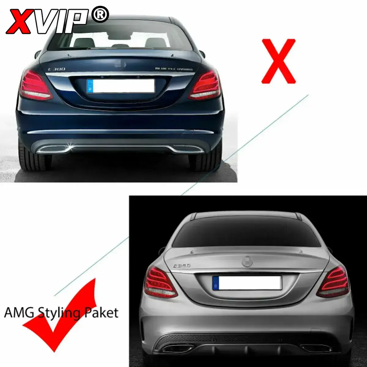 XVIP 후방 범퍼 립 디퓨저 스포일러 스플리터, 메르세데스 벤츠 C 클래스 W205 세단 C200 C250 15-21 용, 블랙 배기 파이프 포함