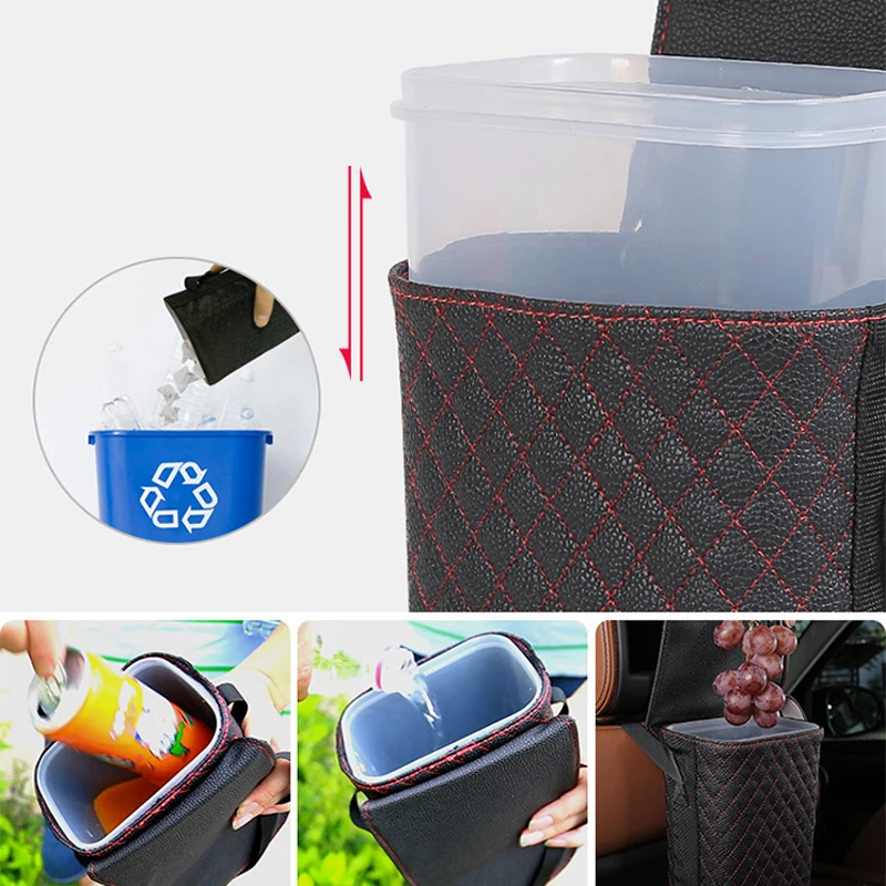 2 Sizes Waterproof PU Leather Car Trash Can Bin Auto Accessories Hanging Car Organizer Box Built-in Removable Plastic Bucket