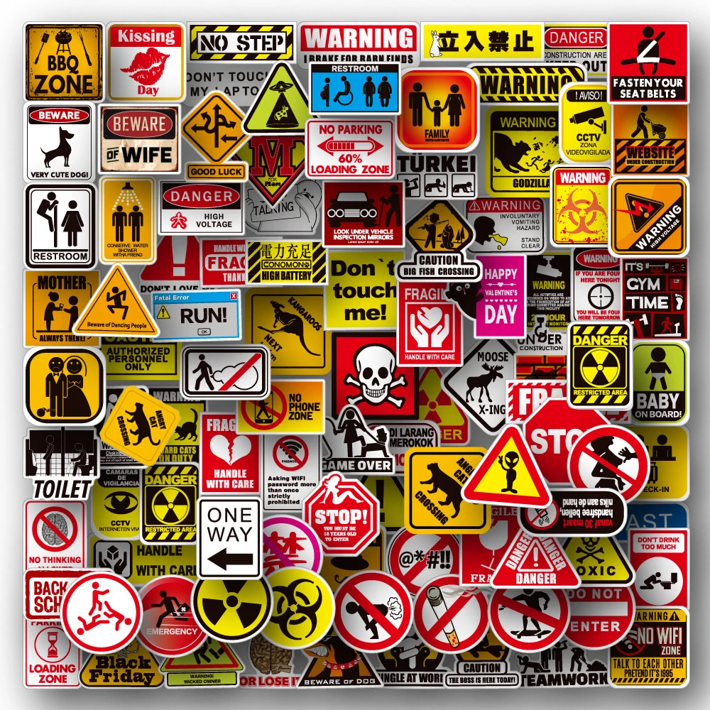 

100pcs Cartoon Warning Stickers Danger Banning Skateboard Guitar Laptop Motorcycle Car Classic Toy Cool Decals Sticker