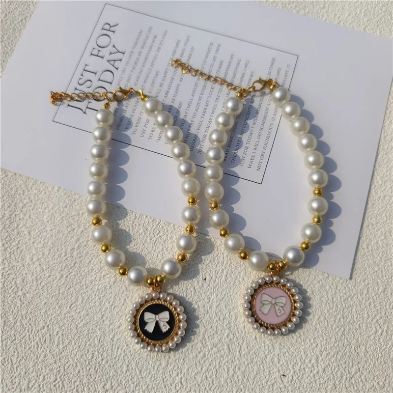New Pet Pearl Collar Dog Princess Bow Necklace Cat Jewelry Collar Puppy Accessories Dog Chain Chihuahua Wedding Jewelry Stuff