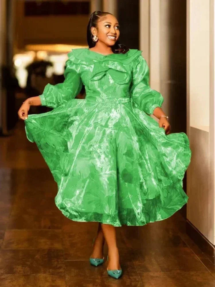 Patchwork Printed A Line Dresses O Neck Long Sleeve Organza