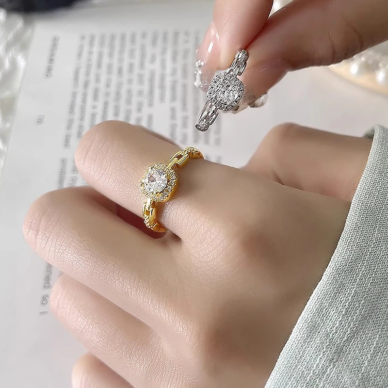 Luxury Zircon Rings for Women Opening Adjustable Gold Color Ring Stainless Steel Wedding Jewelry Fashion For Girl Christmas Gift