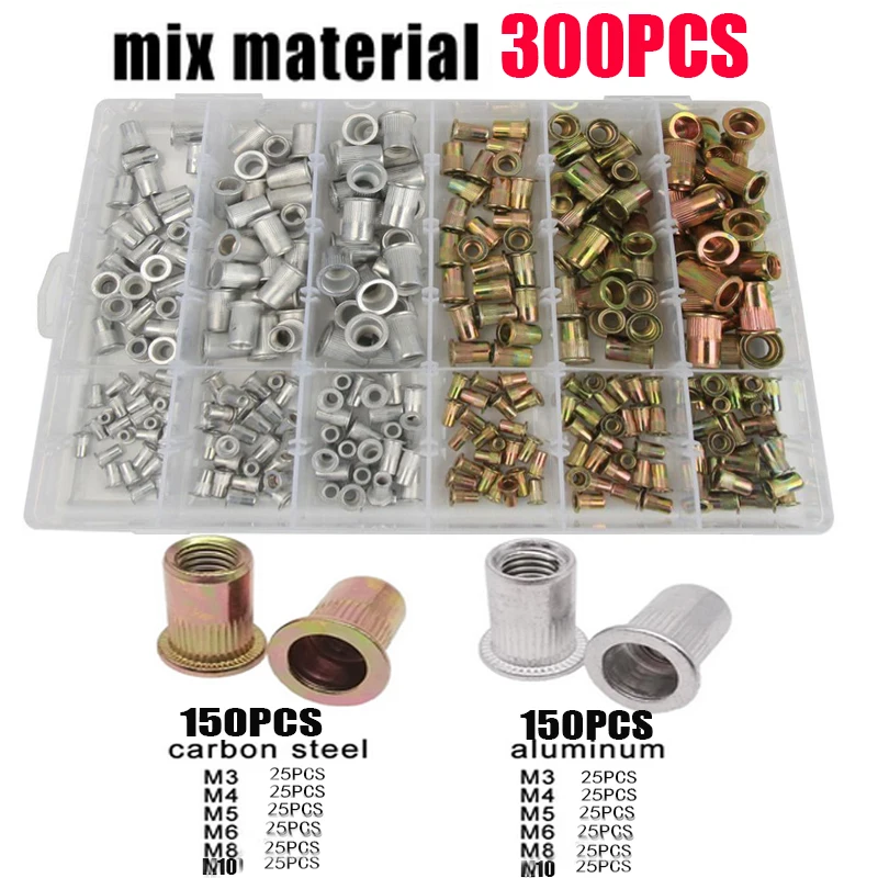 100/150/300 pz scatola M3 M4 M5 M6 M8 M10 dadi rivetti a testa piatta Rivnut Set assortimento Kit 304 acciaio inossidabile acciaio al carbonio alluminio