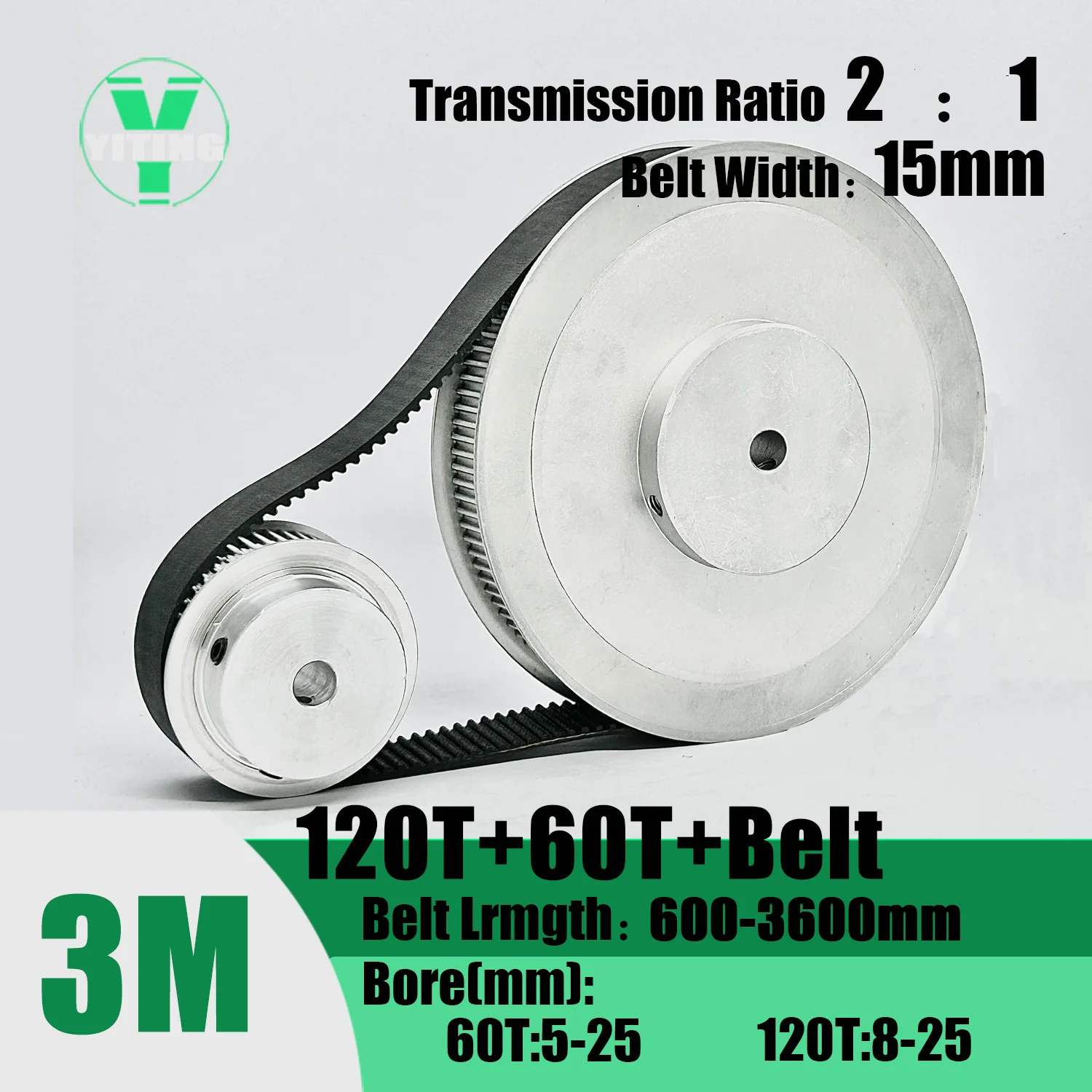 

HTD3M 60T 120Teeth Timing Pulley Belt Set Belt Width 15mm Bore 5~25mm Reduction 2:1 Deceleration 3M Pulley Kit Synchronous Wheel