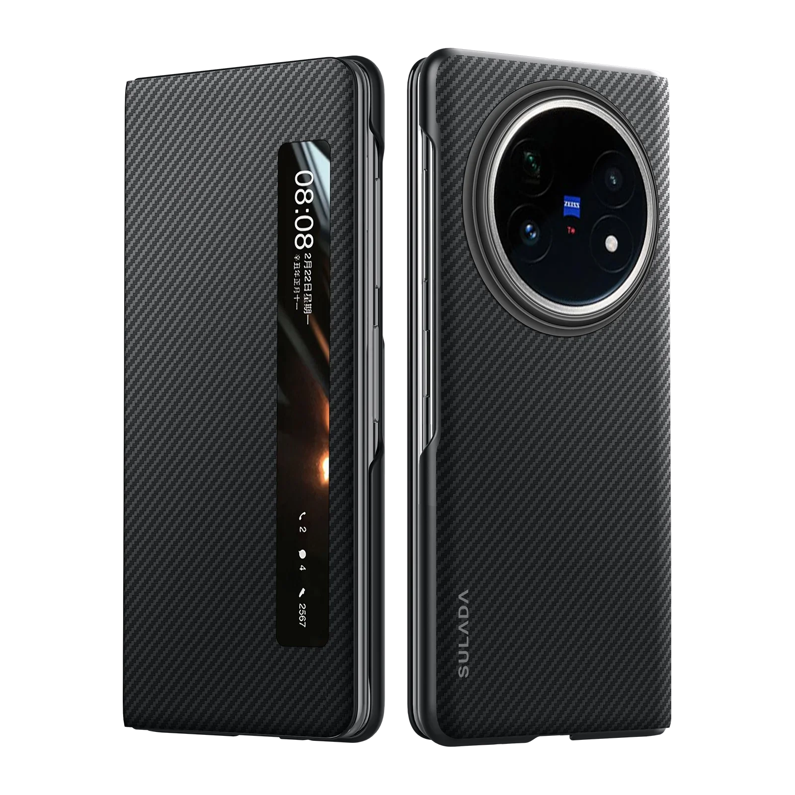 Carbon Fiber Textured Matte Case with Magnetic Flip Cover and Smart Window - All-Inclusive Protection