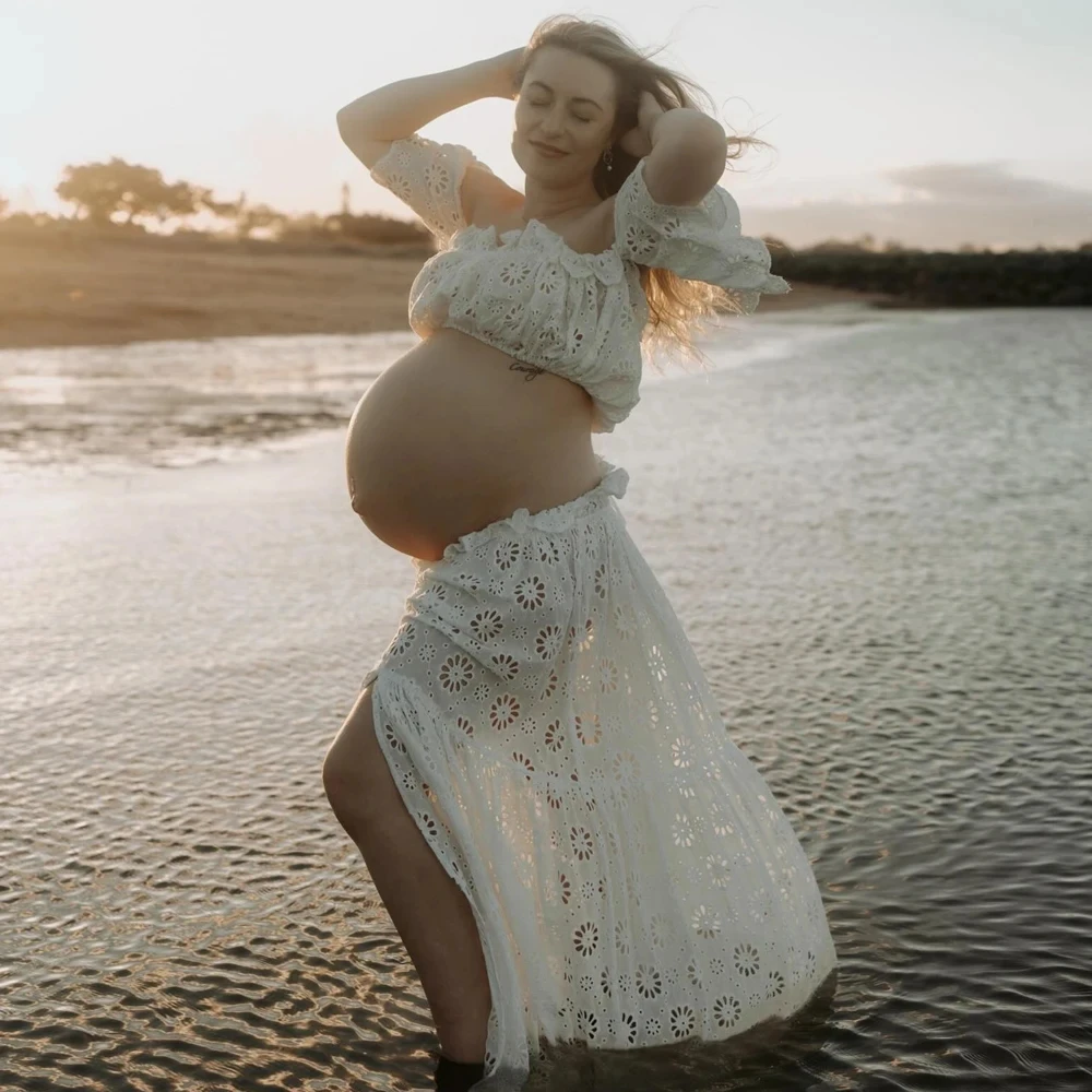 Embrordered Cotton Boho Lace Two Pieces Maternity Photography Outfit 2 in 1 Pregnant Woman Dress Set For Phoot Shoot