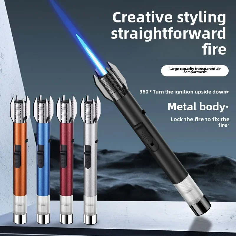 Portable High Temperature Direct Fire Gun Gas Lighter Visual Gas Chamber Outdoor BBQ Butane Lighter Cigar Cigarette Accessories