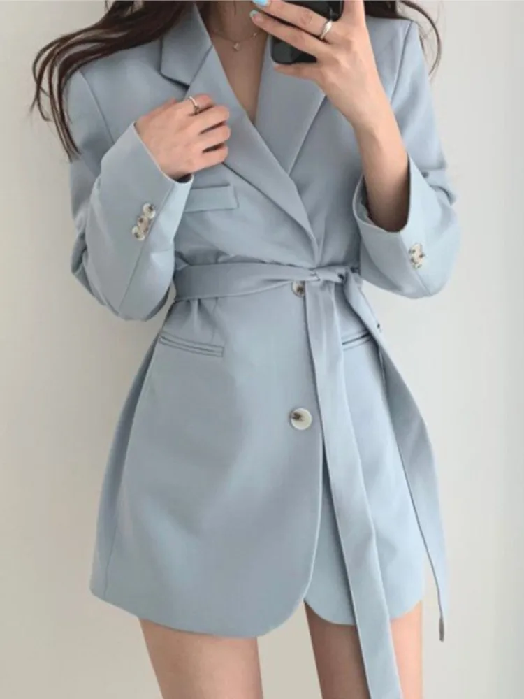 

Autumn New Elegant Blazer Suit Coat Women Turn-down Collar Double Buttons Lace-up Waist Korean Chic Fashion Loose Jacket 2023