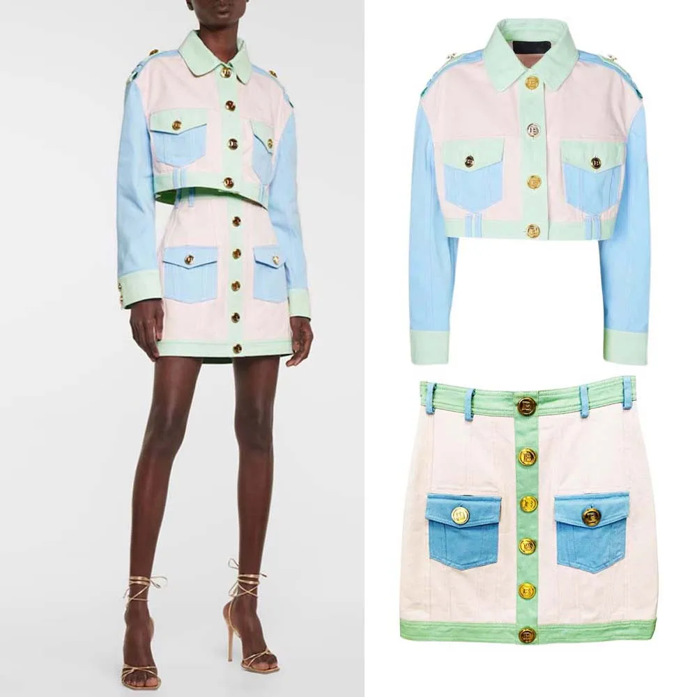 

2022 Spring And Autumn New Fashion Sweet Fashion Macarone Color Matching Short Denim Jacket Coat Women's Half Skirt Suit