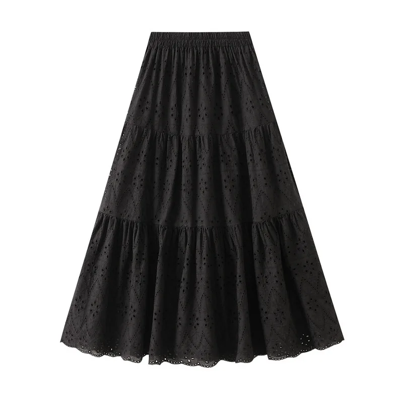 Women's skirts for spring and summer in French style, embroidered high-waisted hollow women's skirt, casual elegant A-line.