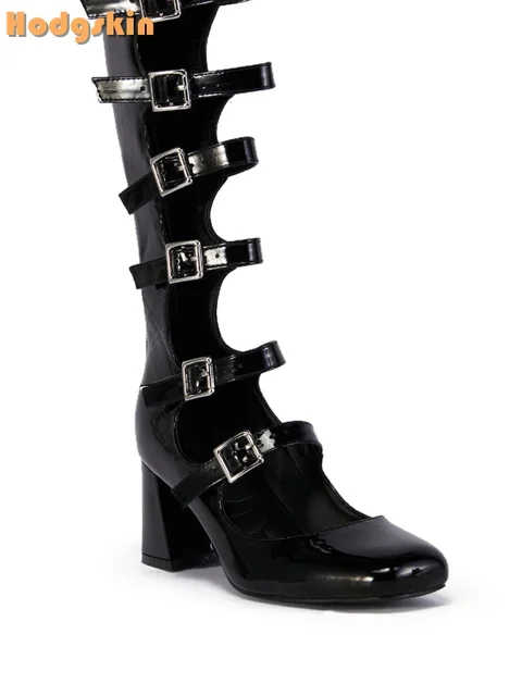 靴 y2k ring heal Buckle Boot crocoleather Vintage 90s Y2K SOHO 69860 Black Faux Leather Platform Chunk