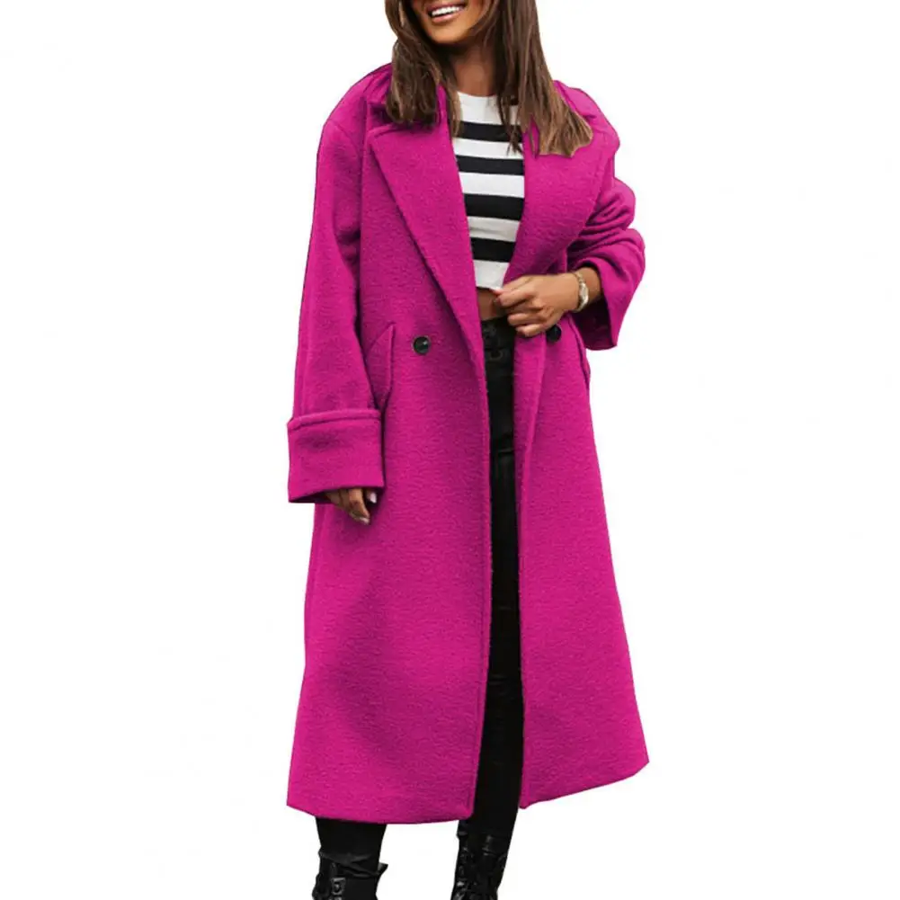 

Coat Lapel Loose Long Style Solid Color Thick Cardigan Warm Windproof Pockets Double Buttons Long Sleeve Lady Overcoat Outwear