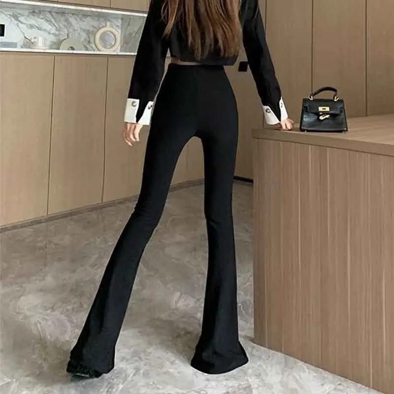 Summer Korean Women Clothing Fashion Black Slit Flare Pans Elastic High Waist Office Lady Casual Skinny Straight Suit Trousers