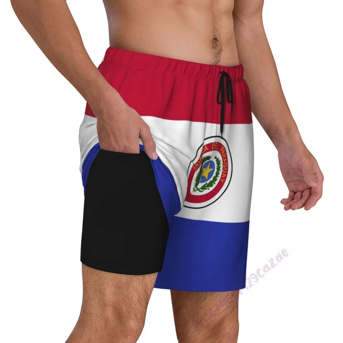 

Paraguay Flag 3D Mens Swimming Trunks With Compression Liner 2 in 1 Quick-Dry Summer Swim Shorts With Pockets