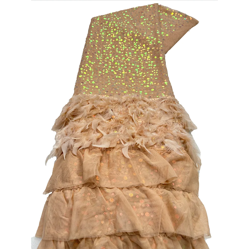 African Feather Lace Fabric Embroidery With Sequins Nigerian Tulle For Wedding Party Long Dress