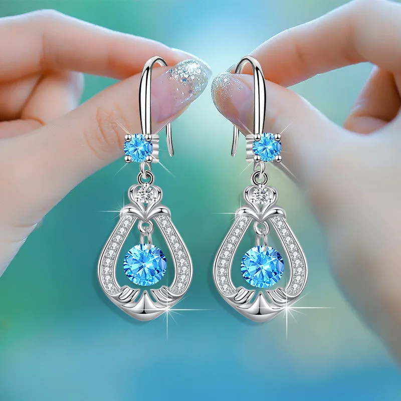 Blue Crystal Water Drop Silver Earring Water Drop Women Dangle