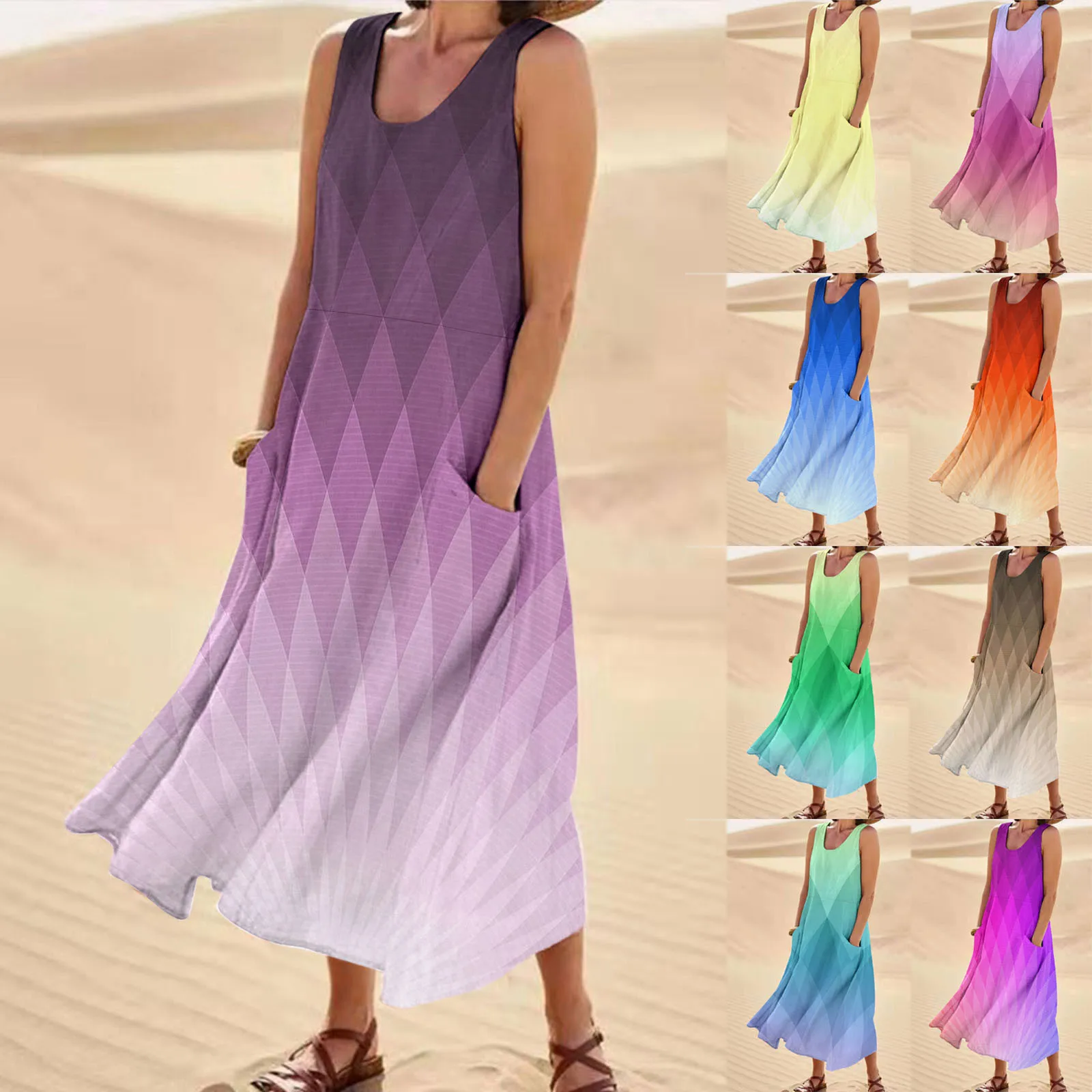 

Women Summer Sleeveless Casual Dress Colorful Printed Pocket Beach Vacation Dress Midi Dresses for Women Summer