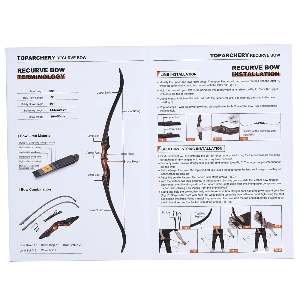Toparchery Archery 60" Left/Right Wooden Hunting Bow,Traditional Laminated Longbow,Outdoor Shooting Hunting Recurve Bow Set Gift 6