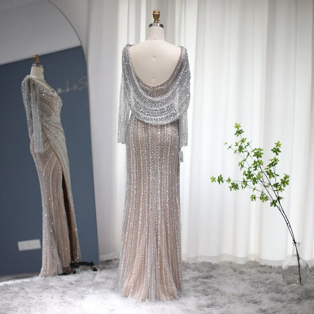 Sharon Said Made Red Silver Mermaid Evening Dress with Cape Heavy Beaded Slit Prom Dresses for Women Wedding Party SS035