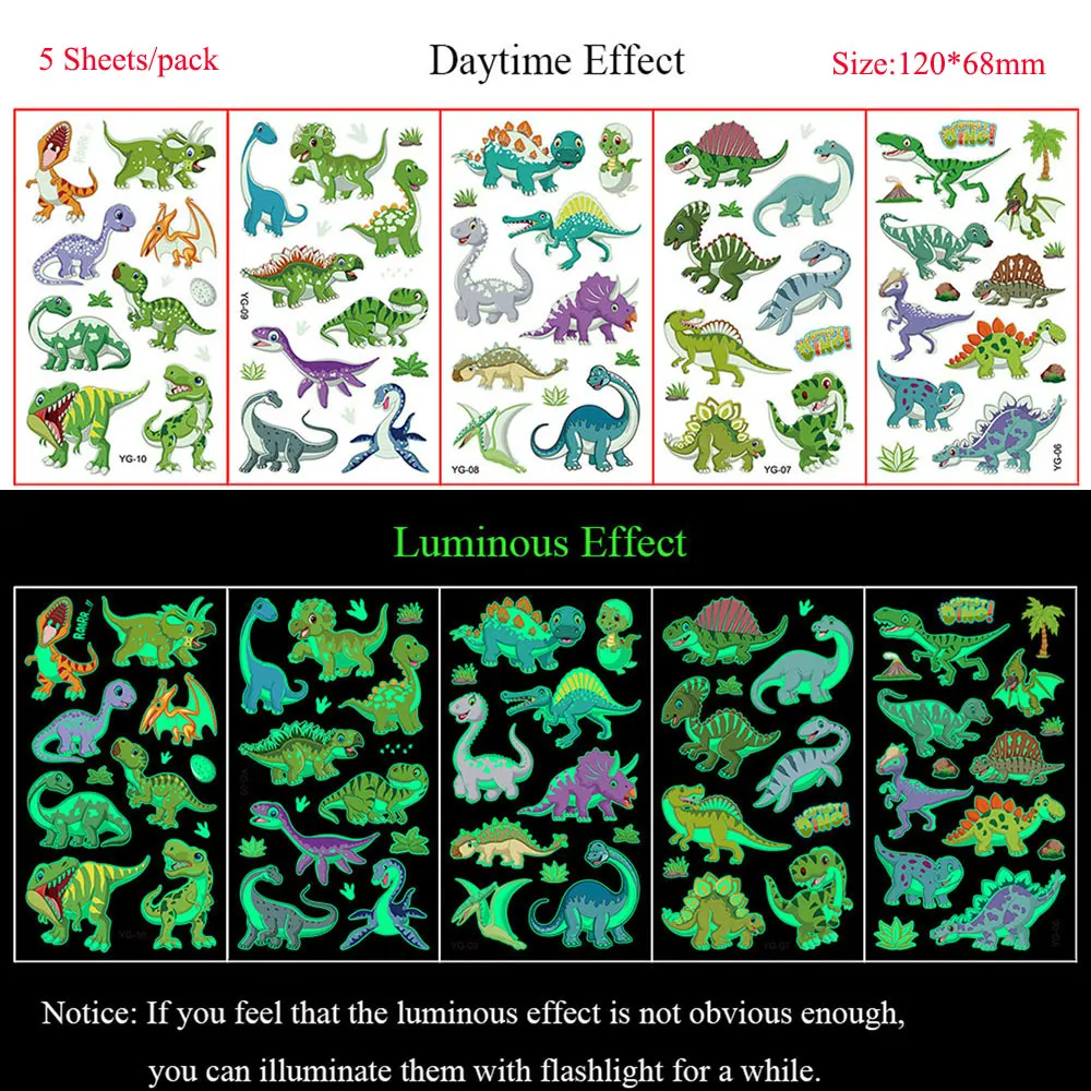 5 Sheets Luminous Tattoo Stickers Temporary Colorful Animal Dinosaur Tattoo Fake Tattoo for Body Hand Face