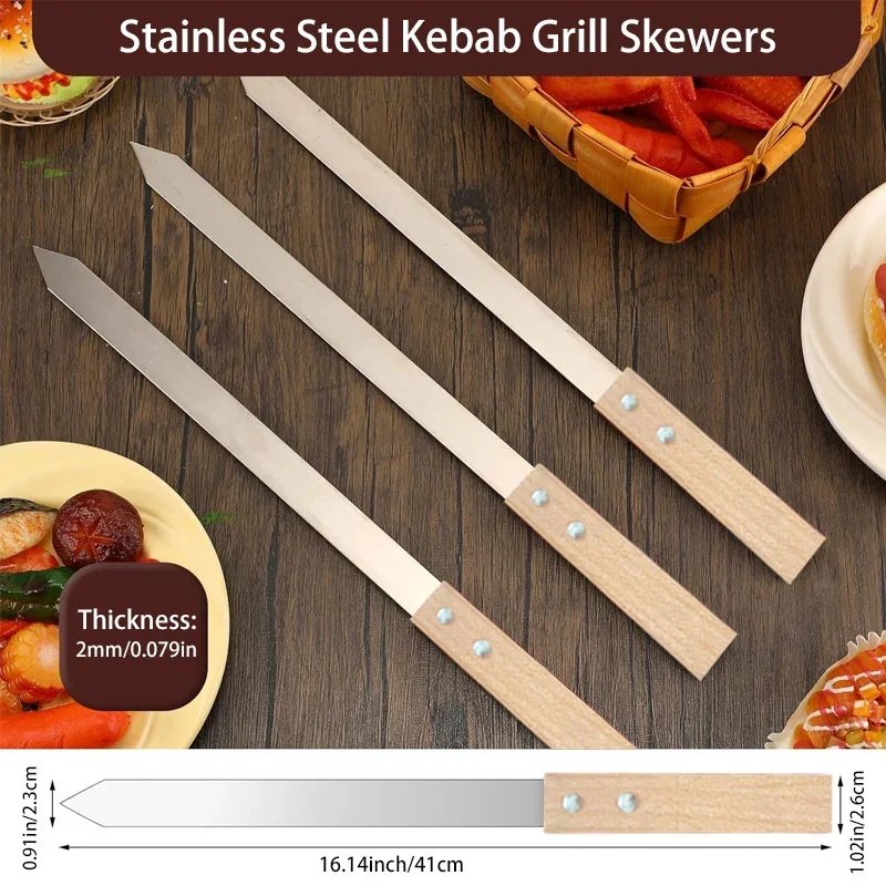 Barbecue Skewers Kebab Maker BBQ Grilling Accessories 2.3cm Flat Stainless Steel Kebab Skewers for Brazilian Koobideh Persian