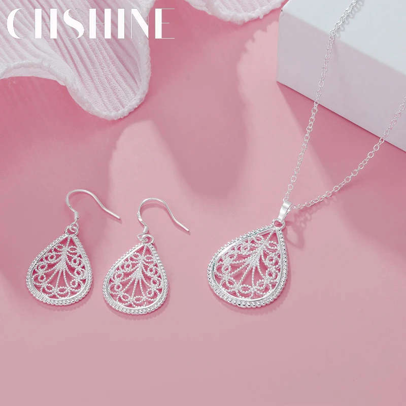 Silver Jewelry Set 925 sterling Silver Water Drop Pattern Pendant Necklace earring For Women Luxury Fashion Party Wedding Jewelry sets