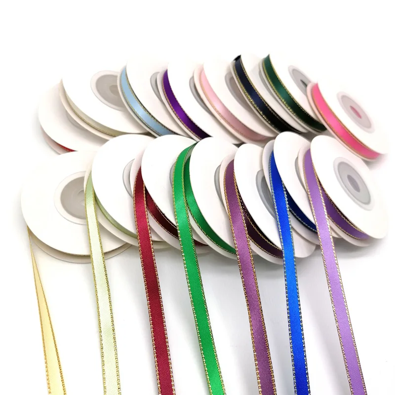 6mm Silver Gold Edge Satin Ribbon Polyester Double Sided Gold Silver Line Grosgrain Ribbon for Bows Making satin ribbons grosgrain ribbon polyester ribbon satin ribbon