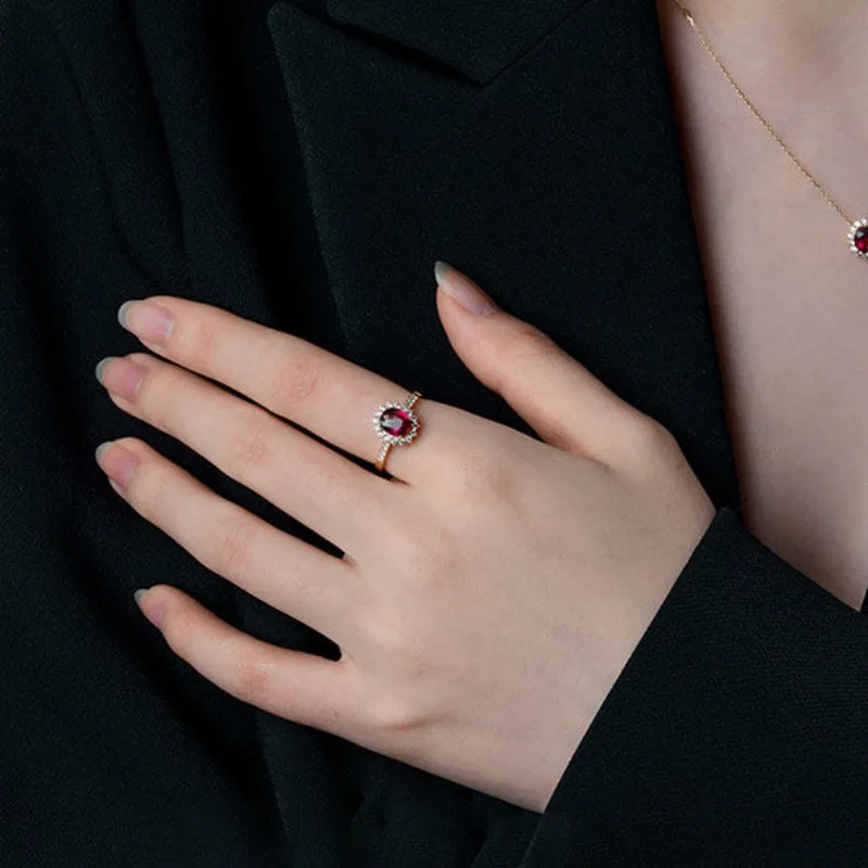 CCFJOYAS 100%  18k 골드 도금 레트로 루비 ? ? 여성용 반지 절묘한 타원형 로즈 레드 지르콘 빈티지 핑거 링