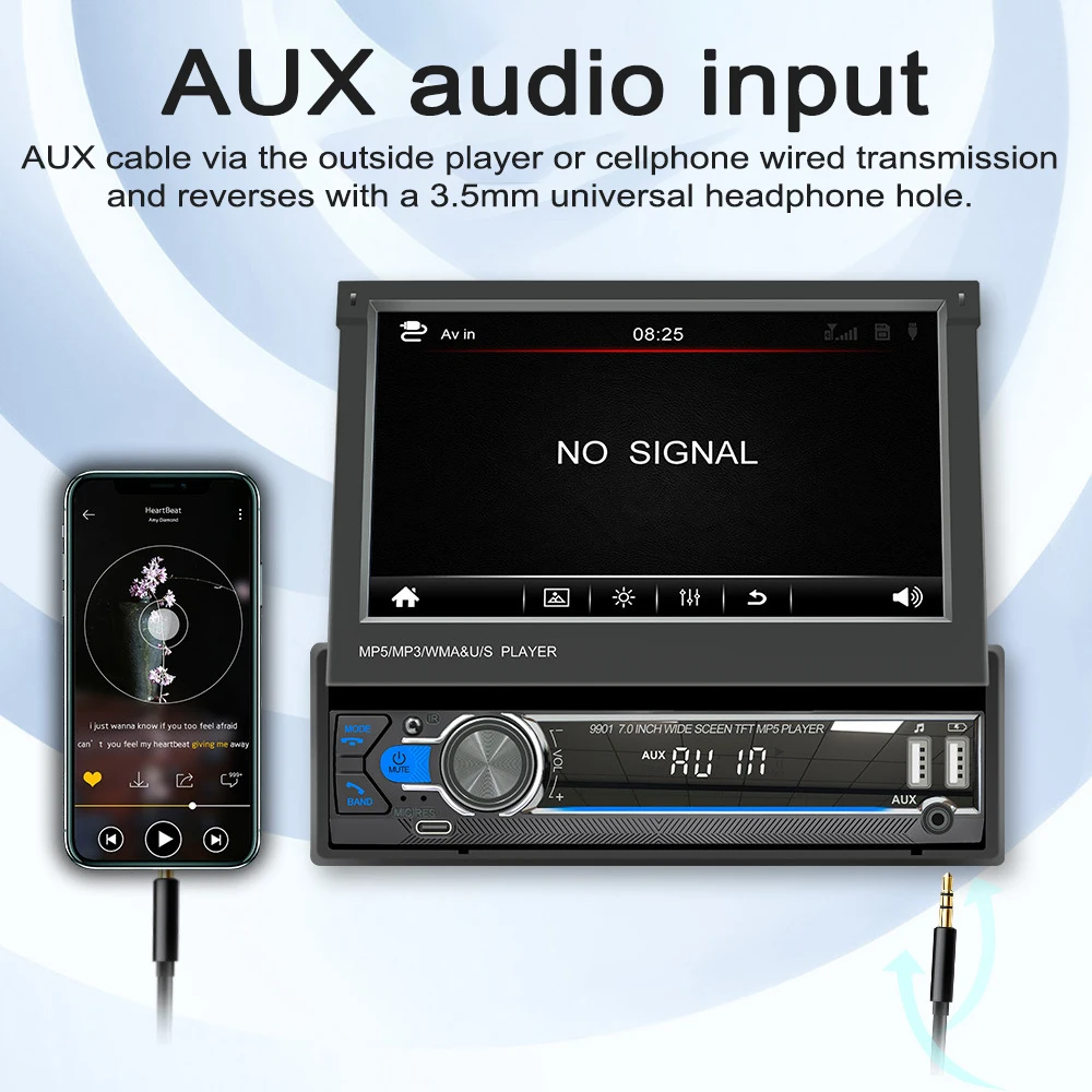 7-inch Retractable Screen Car MP5 MP4 MP3 Player BT 5.1 Car Locator Frequency Modulation Channel Radio AUX Audio Input car stereo mp3 mp4 player