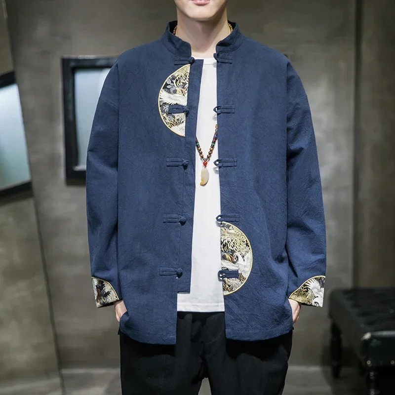Mens Chinese Style Embroidered Jacket Cotton Linen Tang Suit Wudang Disc Button Chinese Tunic Suit Tops Men Cloting