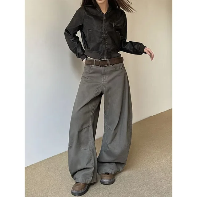 American Retro Brown Wide Leg Jeans Autumn Winter Women Clean Fit Versatile Banana Pants Trendy Shape High Waist Baggy Trouser 2