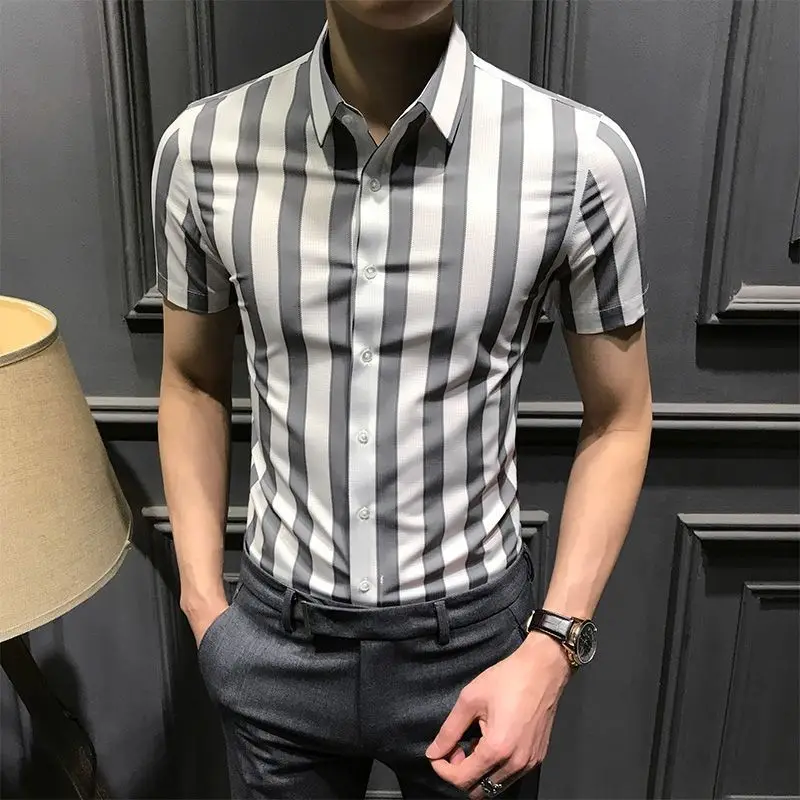 Upscale Summer New Vertical Stripe Men's Casual Business Shirt Square Neck Button Korean Fashion Luxury Trend Short Sleeve Top
