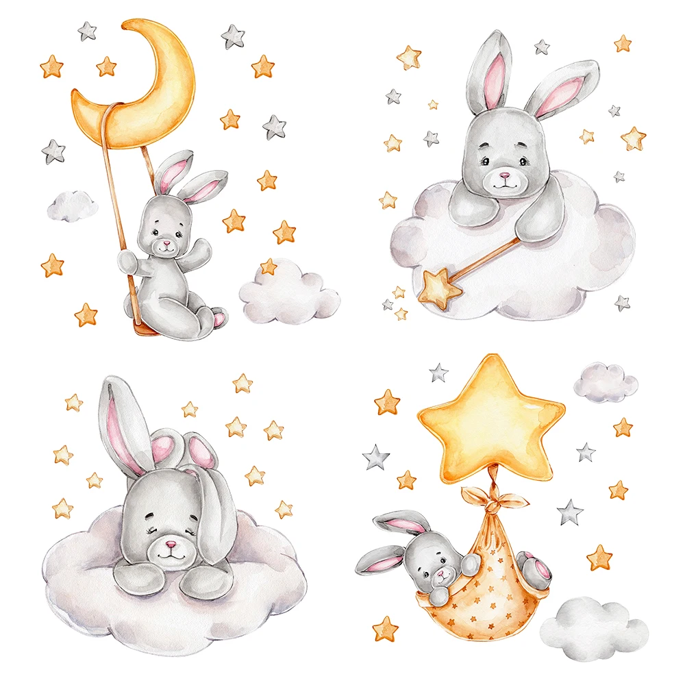 Cartoon Bunny Moon And Stars Wall Stickers For Kids Room Baby Room ...