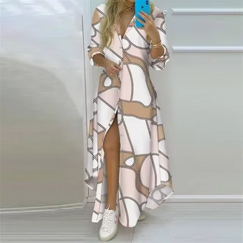 Summer Women Boho Printed Long Shirts Elegant Dress Turn-down Collar Long Sleeve Female Casual Split Shirt Evening Maxi Dresses 1