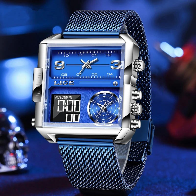 New LIGE Luxury Fashion Man Sports Wrist Watch Quartz Luminous Waterproof Dual Display Clock Watches For Men Relogio Masculino