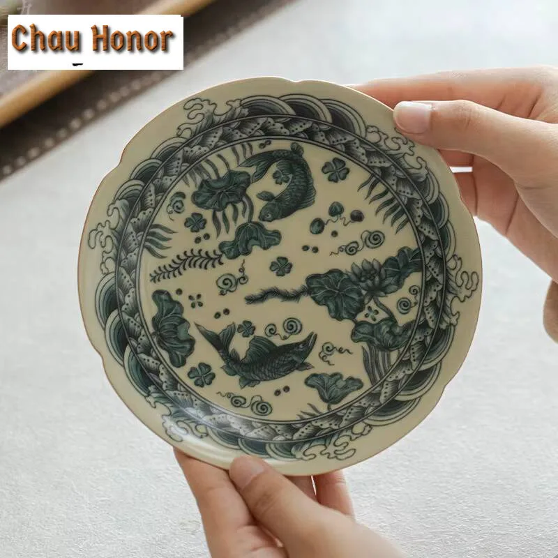 Ru Kiln Teapot Holder Bowl Boutique Fish And Algae Patterns Fruit Plate Zen Ceramic Tea Plate Retro Dry Brew Table Tea Tray Gift