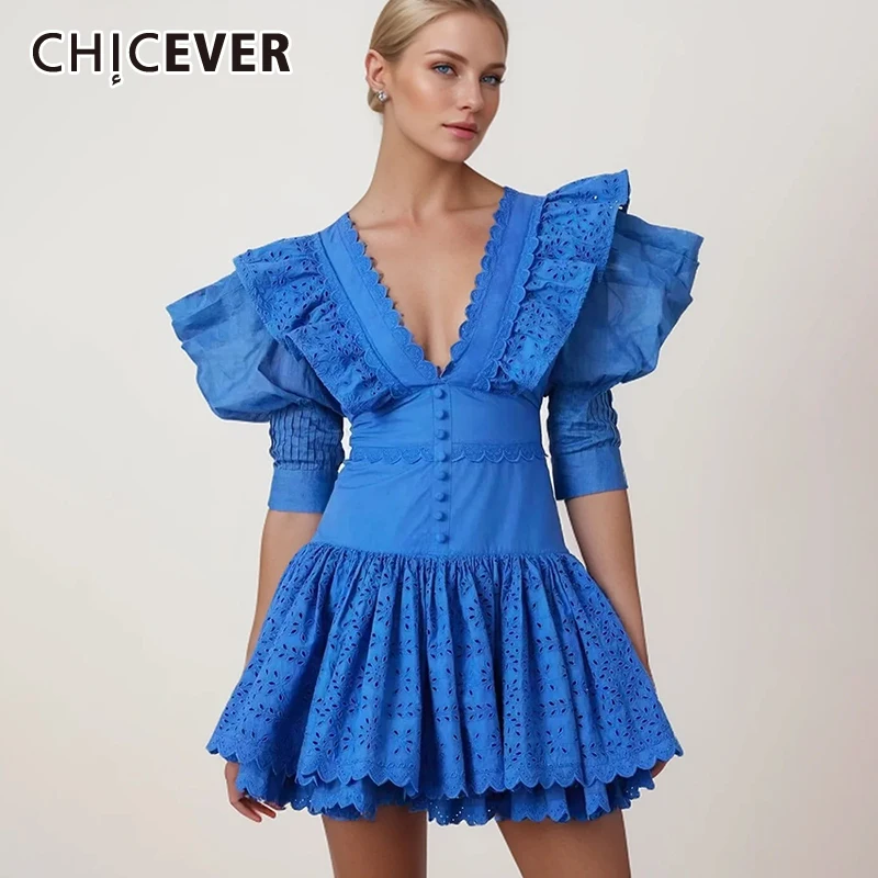 

CHICEVER Solid Pleated Dresses For Women V Neck Half Sleeve High Waist Tunic Slim Patchwork Ruffles A Line Mini Dress Female New