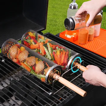 BBQ Basket Set Stainless Steel Rolling Grilling Basket Wire Mesh Cylinder Grill Basket Outdoor Camping BBQ Rack with Wood Handle