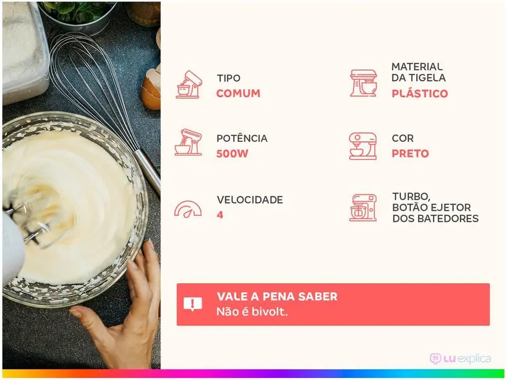 Batedeira Britânia Preta 500W 4 Velocidades 4,3L Pérola 550 - 110V 2