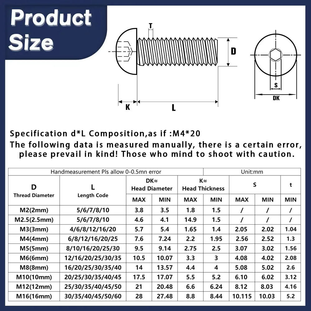 Round Button Head Allen Cap Screw Bolt - Black Grade 10.9 Carbon Steel Hexagon Screw (Single to Bulk Pack)