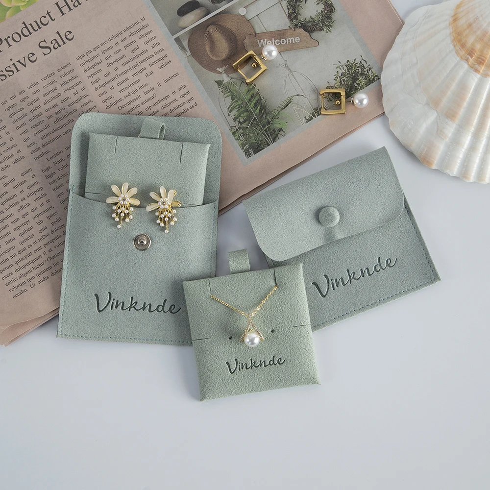 Personalized Logo Jewelry Package Microfiber Snap Button Pouch Bags Jewellery Earrings Necklace Gift Bag with Insert Pad/Card
