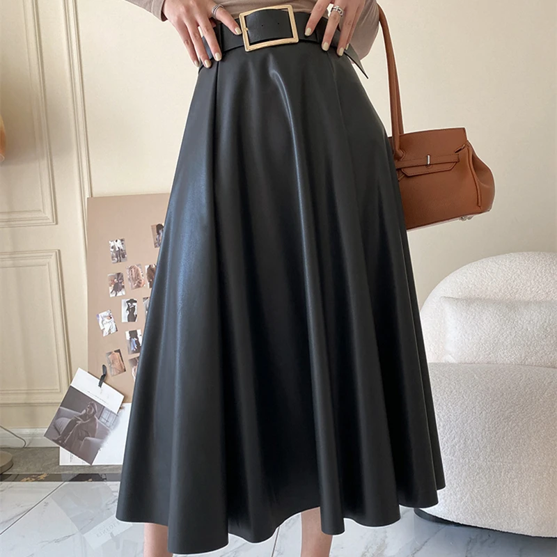 crop top and skirt Women High Waist Skirt Solid Elegant Streetwear Pu Leather A-Line Skirt Ladies Harajuku Casual Vintage Zipper Skirts Female ruffle skirt