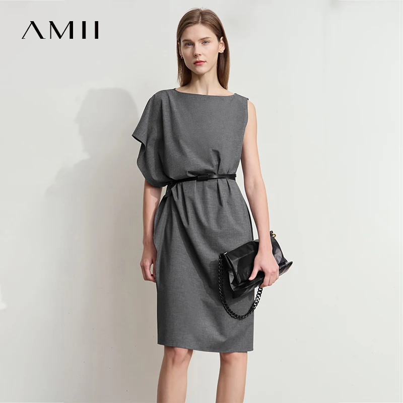 Amii Minimalist Women's Dress 2025 Summer New Commuting Short Sleeve H-Line  Asymmetric Dress Elegant Ladies Clothing 12522022 - AliExpress 200000345