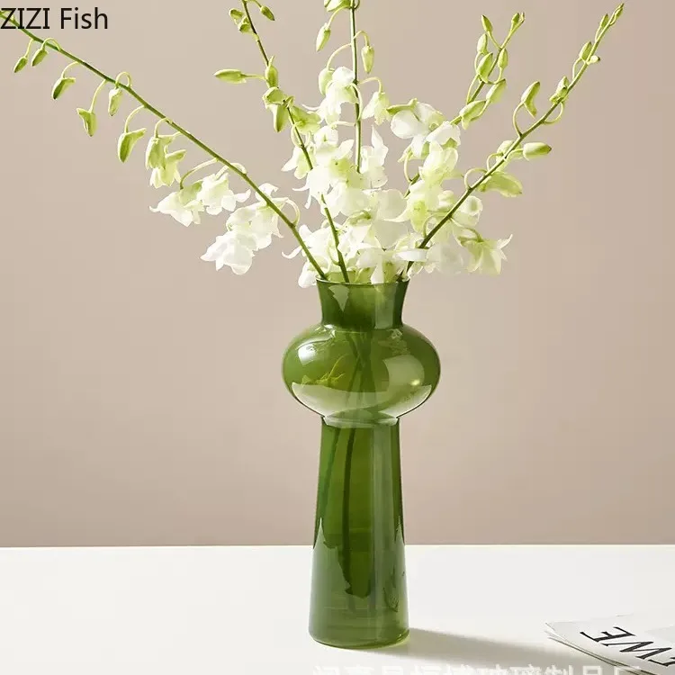 Green Glass Vase Flowers Pots Hydroponic Flower Vessels Desk Decoration Flower Arrangement  Floral Vases Room Aesthetic Decor 4