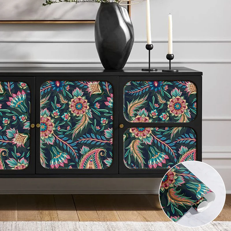 

Dark Blue Floral Wallpaper Vintage Flower Peel And Stick PVC Wall Stickers Home Decoration Furniture Cabinet Stickers
